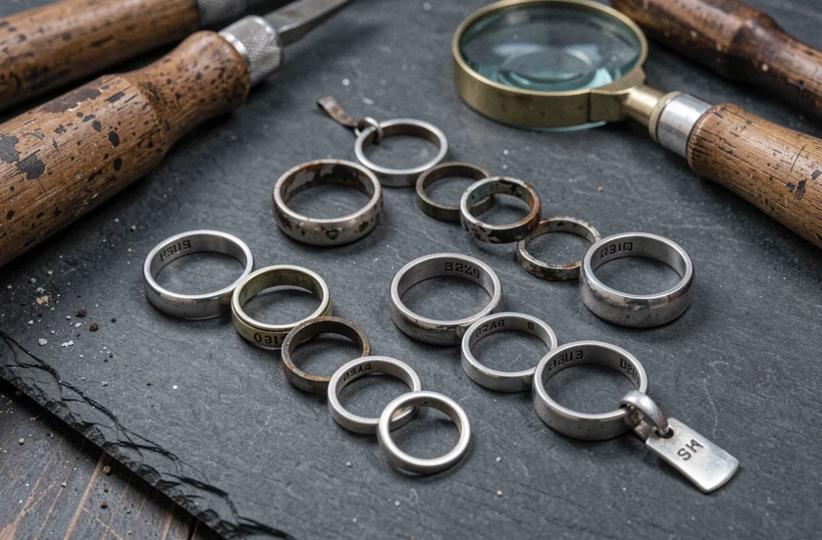 Bijoux en argent avec tarnissement et poinçons visibles sur une surface en ardoise dans un atelier de bijoutier
