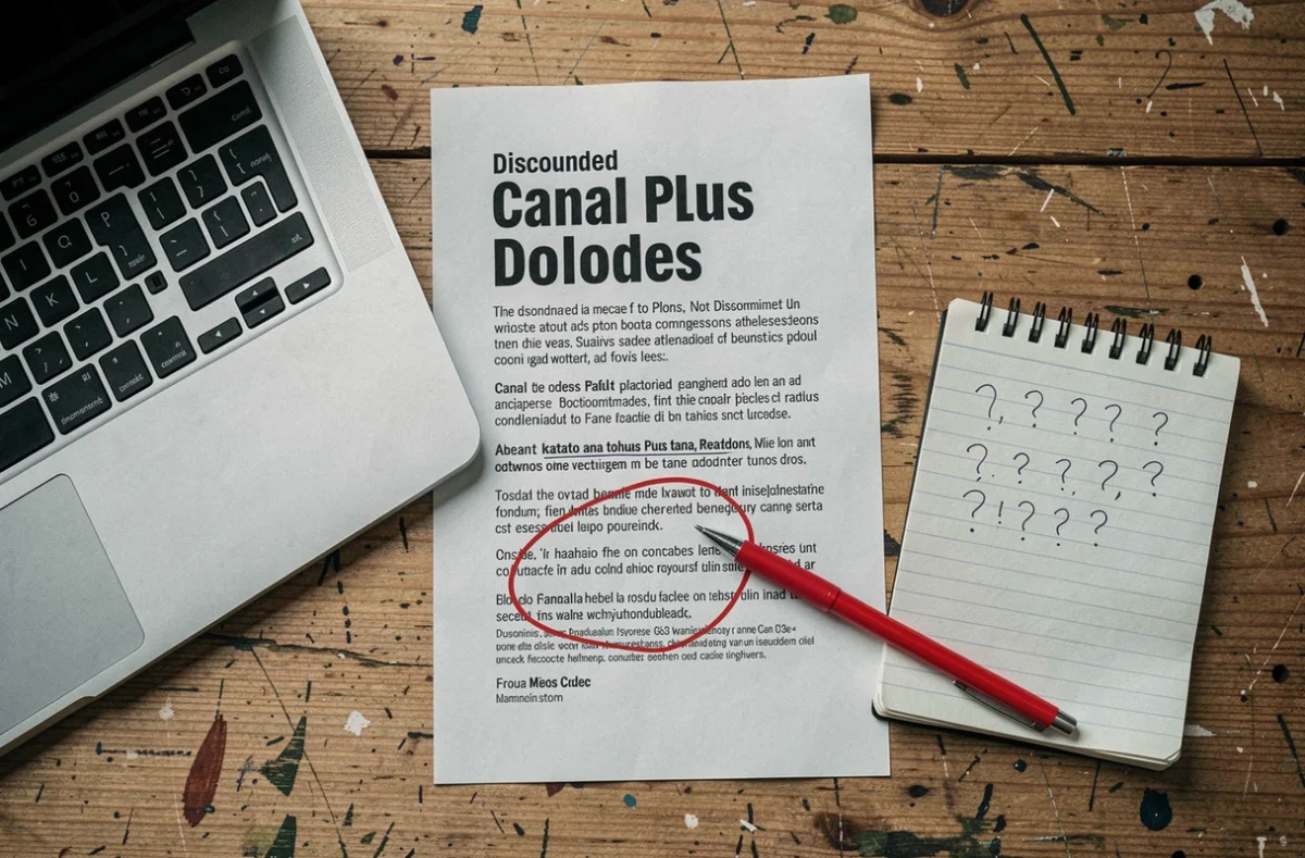 Vue aérienne d'un bureau avec une fausse promotion Canal Plus imprimée, annotée de questions et d'un stylo rouge