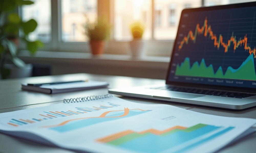 Bureau moderne avec graphiques financiers et tendance à la baisse