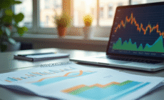Bureau moderne avec graphiques financiers et tendance à la baisse