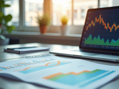 Bureau moderne avec graphiques financiers et tendance à la baisse