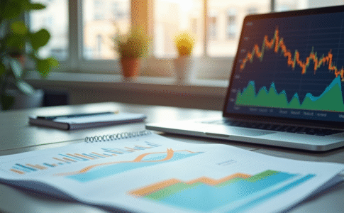 Bureau moderne avec graphiques financiers et tendance à la baisse