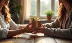 Couple échangeant un cadeau sur une table en bois naturel
