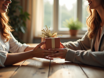 Couple échangeant un cadeau sur une table en bois naturel