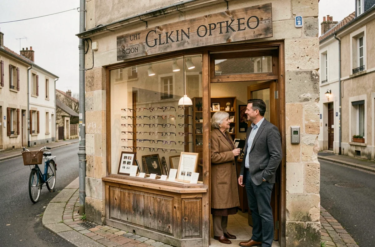 Façade de la boutique Caer Optic à Gravigny avec un opticien de quartier accueillant une cliente âgée sur le pas de la porte