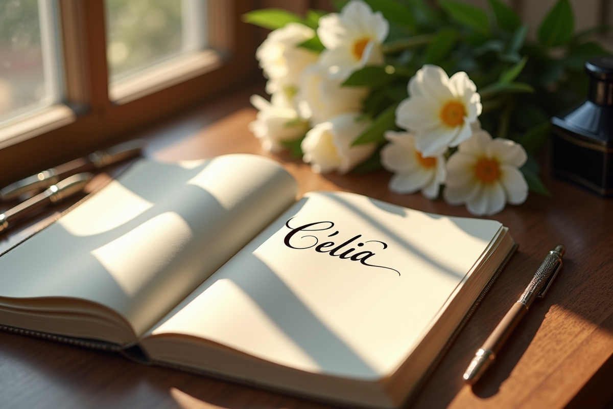 Cahier de calligraphie ouvert avec nom Célia et stylos anciens