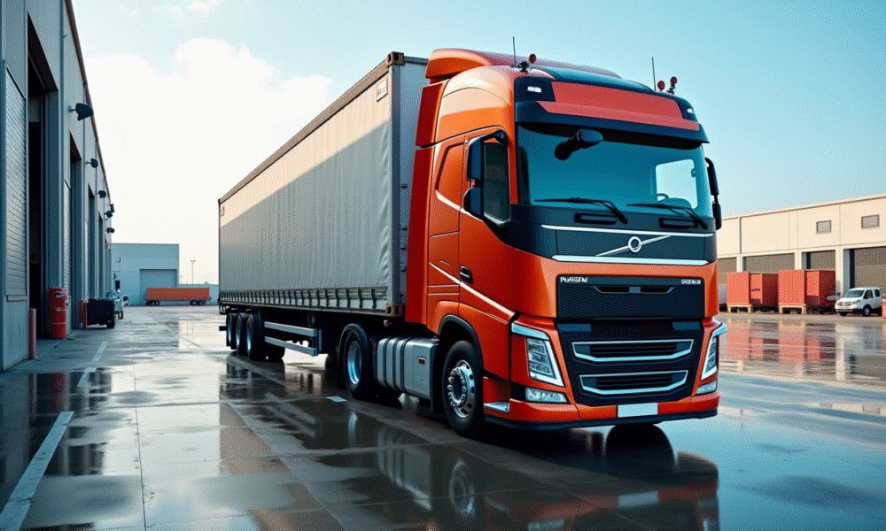 Camion cargo de 44 tonnes chargé à quai dans un entrepôt moderne