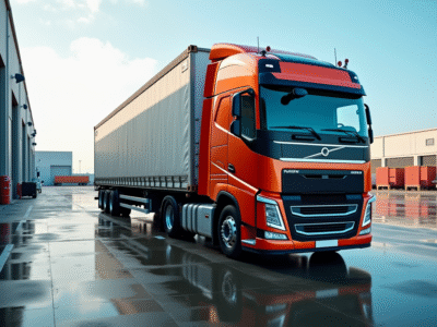 Camion cargo de 44 tonnes chargé à quai dans un entrepôt moderne