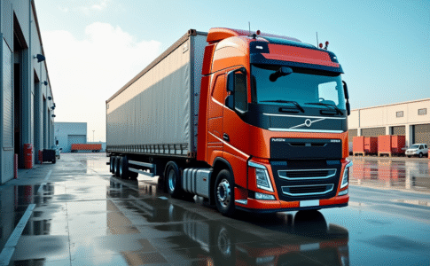 Camion cargo de 44 tonnes chargé à quai dans un entrepôt moderne