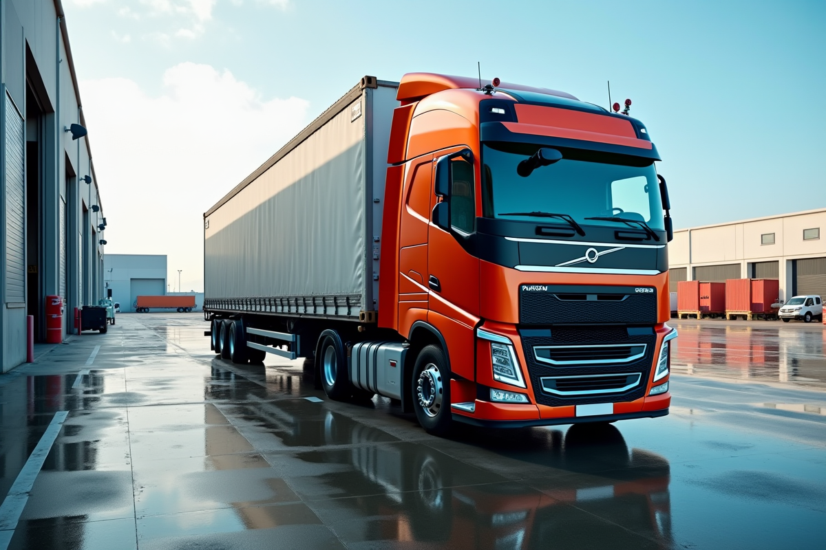 Camion cargo de 44 tonnes chargé à quai dans un entrepôt moderne