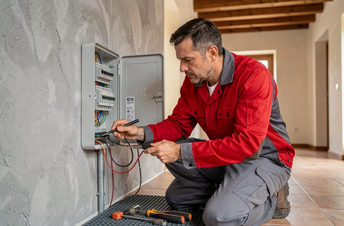 Électricien de CANTAL ELEC intervenant sur un tableau de fusibles dans une maison rénovée