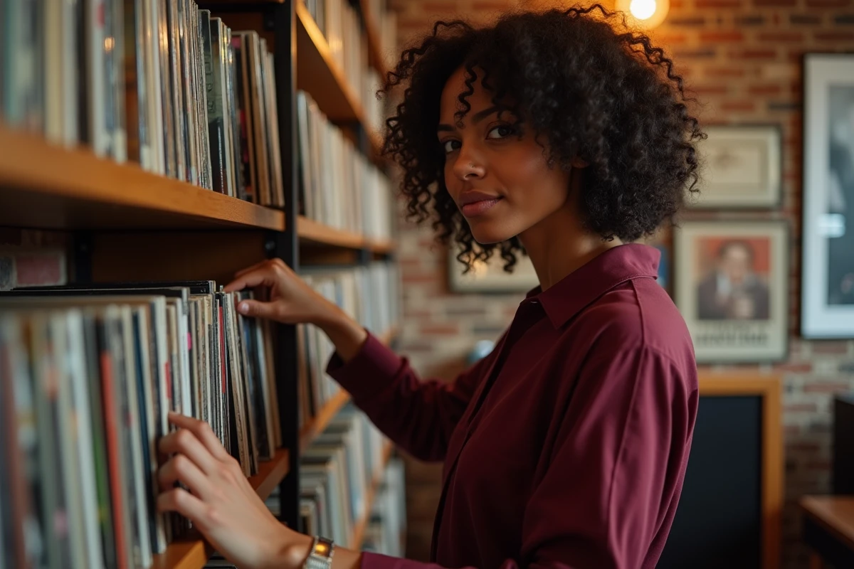 Femme parcourant une collection de vinyles classés par initiale dans un studio de musique vintage