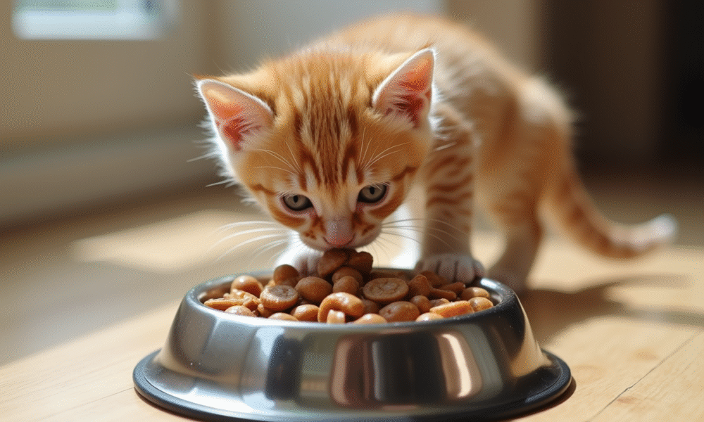 Chaton mangeant dans un bol en métal brillant