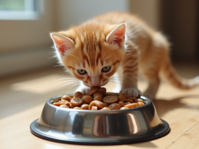 Chaton mangeant dans un bol en métal brillant