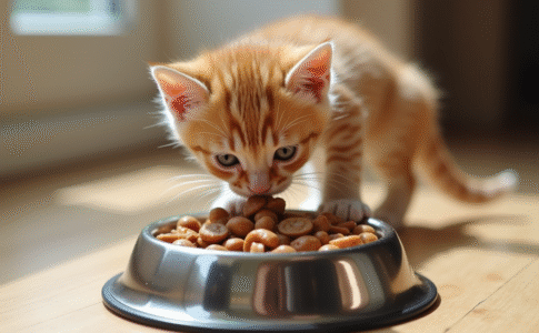 Chaton mangeant dans un bol en métal brillant