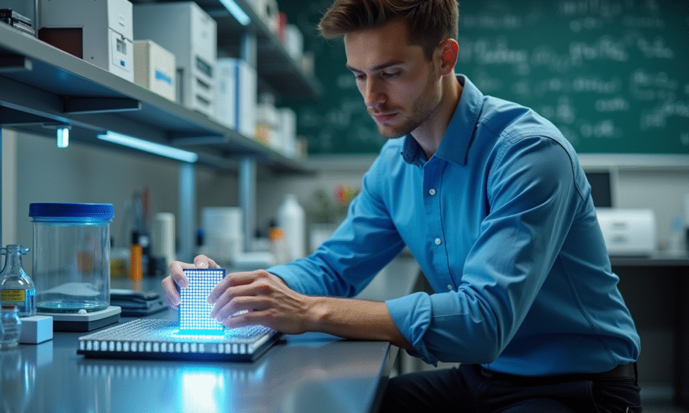 Jeune scientifique manipulant une puce quantique dans un laboratoire moderne