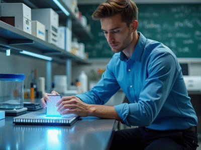 Jeune scientifique manipulant une puce quantique dans un laboratoire moderne