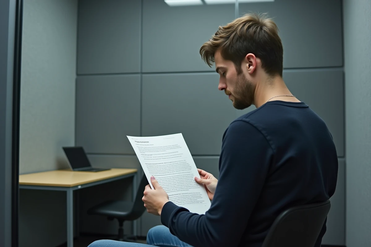 Chercheur UX lisant un rapport d'étude sur la lisibilité des typographies dans un laboratoire de test utilisateur aux murs gris neutres
