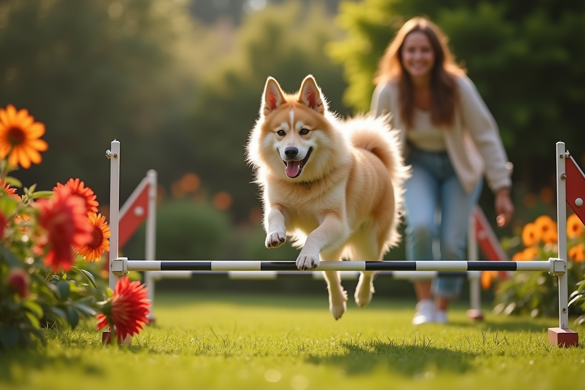 Chien Finnish Spitz sautant un obstacle avec une jeune femme dans un jardin fleuri