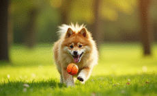 Chien Finnish Spitz jouant avec une balle orange dans un parc ensoleille