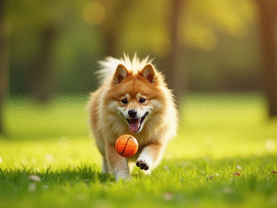 Chien Finnish Spitz jouant avec une balle orange dans un parc ensoleille