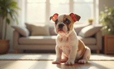 Chiot American Bulldog assis dans un salon lumineux