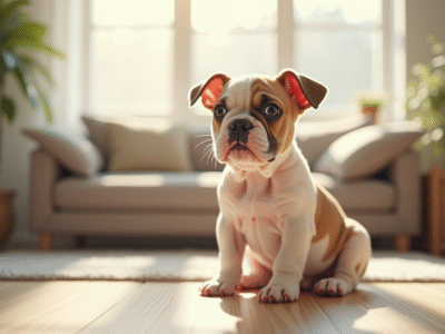 Chiot American Bulldog assis dans un salon lumineux