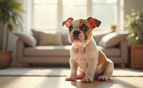 Chiot American Bulldog assis dans un salon lumineux