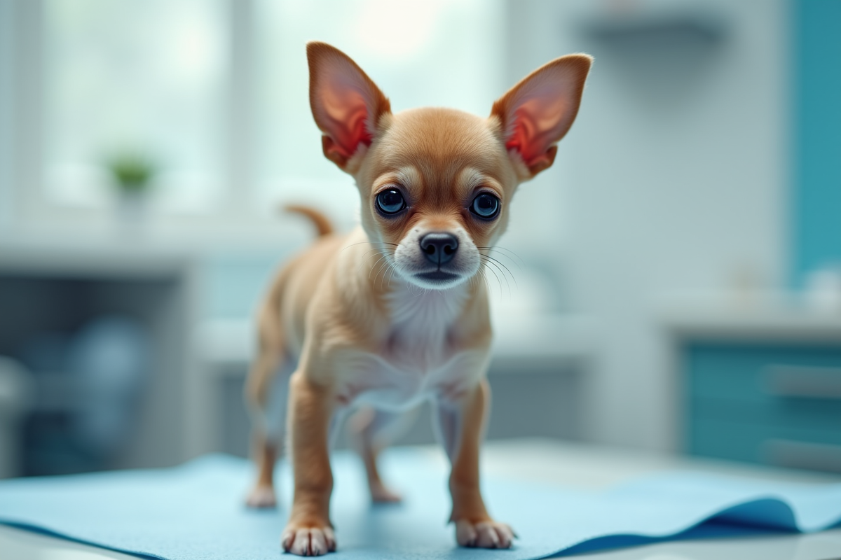 Chiot Chihuahua en examen chez le vétérinaire