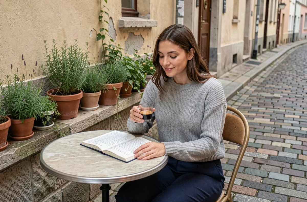Jeune femme écrivant dans un carnet sur une terrasse de café parisien, symbolisant la réflexion spirituelle et les citations inspirantes du quotidien