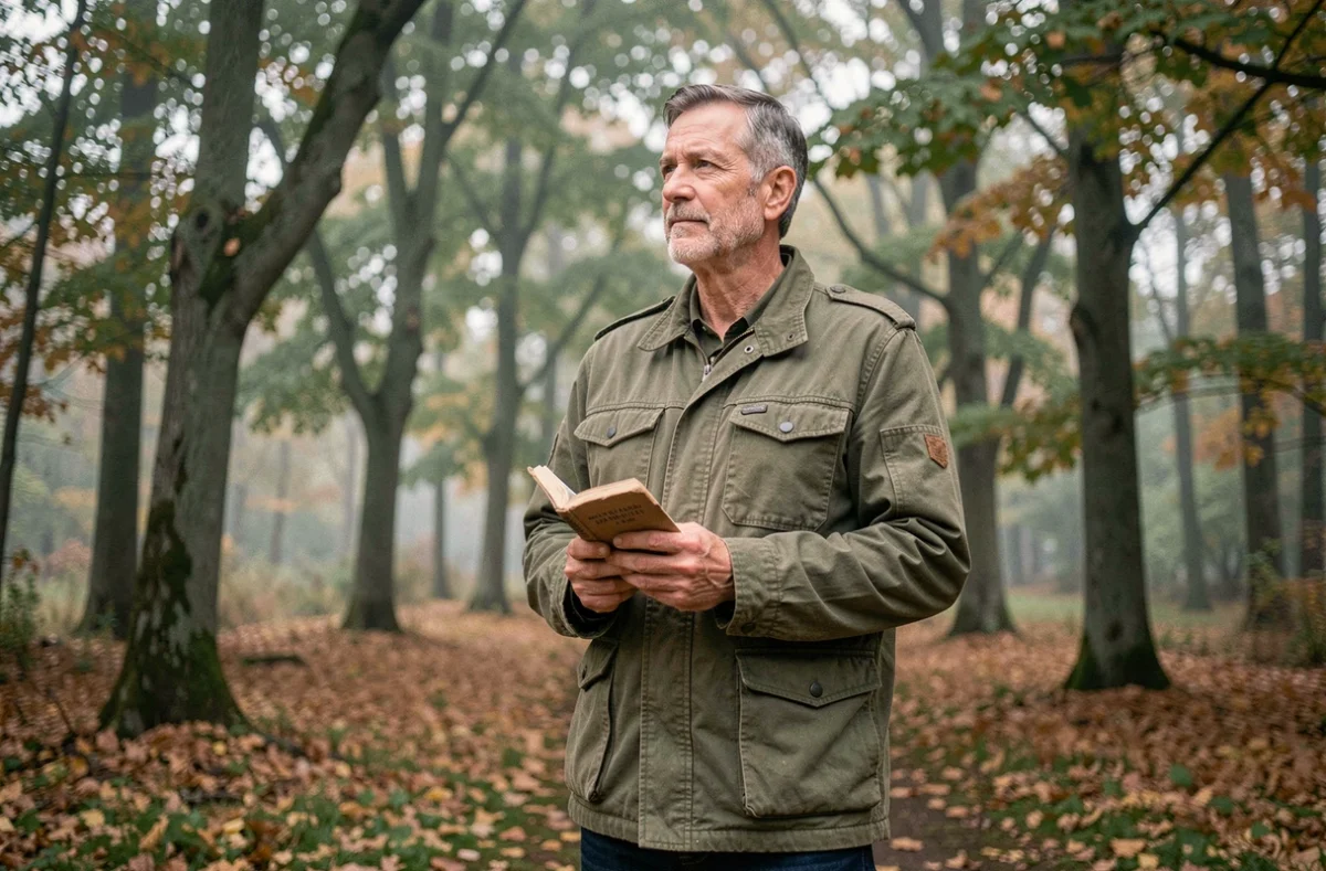 Homme contemplatif tenant un livre dans une forêt automnale, évoquant la quête de sens et la spiritualité en pleine nature
