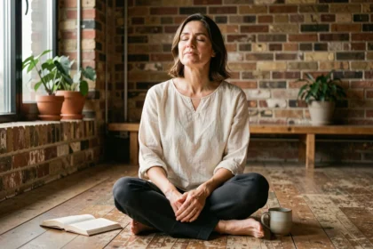 Femme en méditation silencieuse dans un intérieur minimaliste avec journal et tasse de thé, illustrant la spiritualité quotidienne