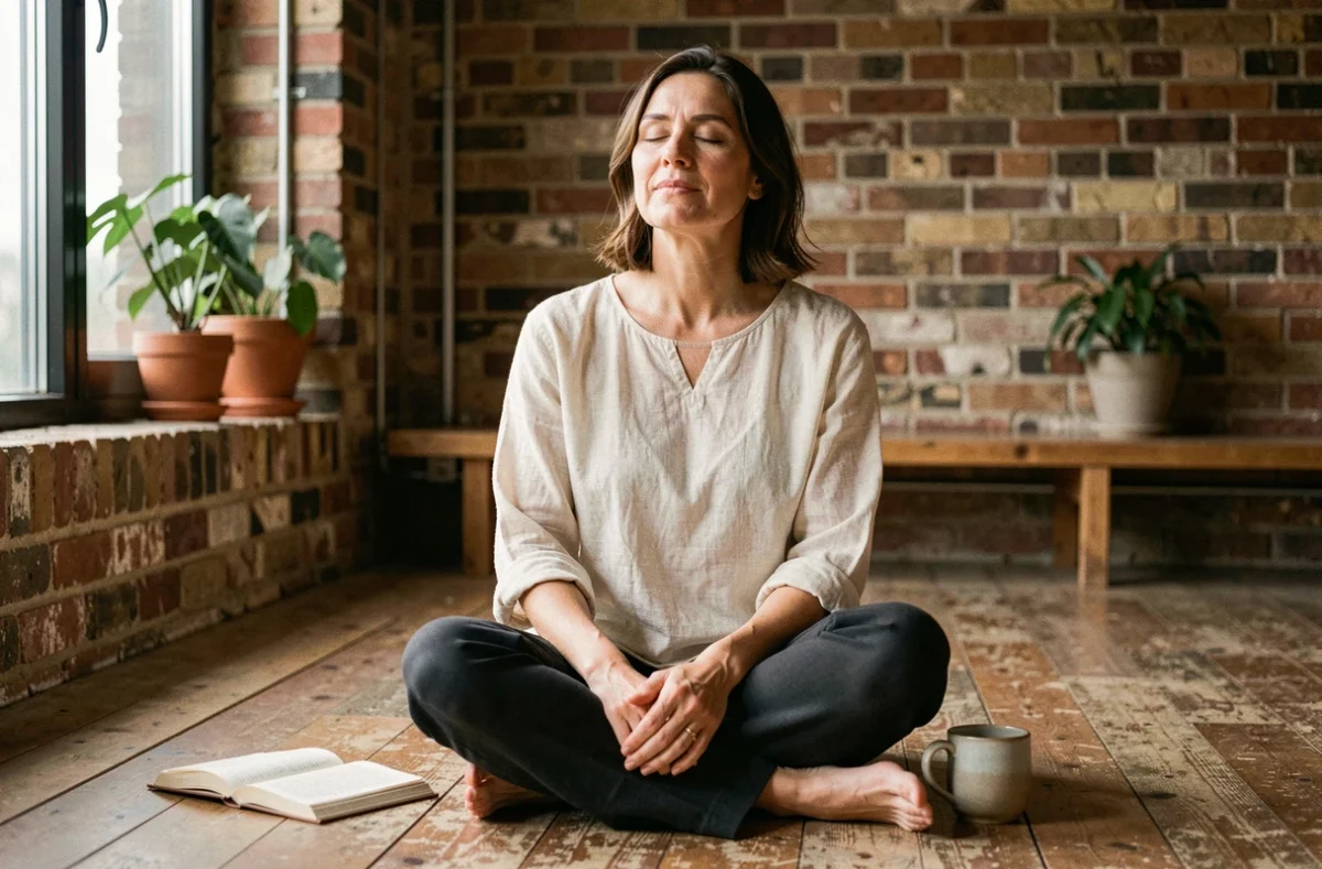 Femme en méditation silencieuse dans un intérieur minimaliste avec journal et tasse de thé, illustrant la spiritualité quotidienne