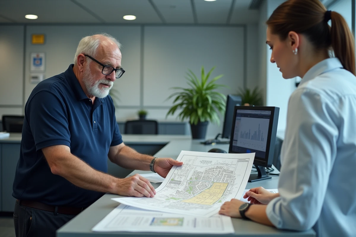 Citoyen et agent municipal étudiant un plan cadastral imprimé au guichet d'urbanisme d'une mairie