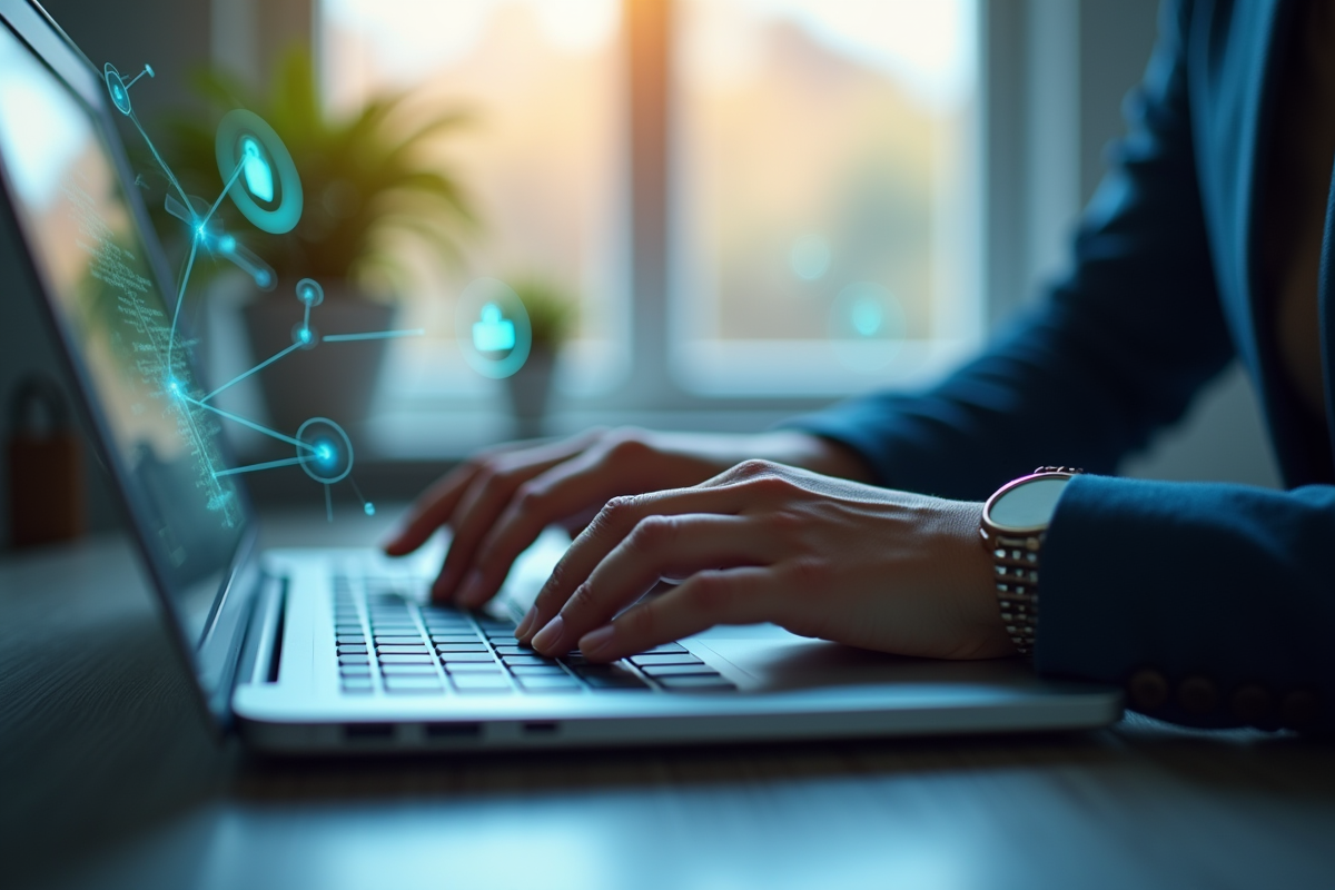 Mains tapant sur un clavier avec icônes de sécurité numérique