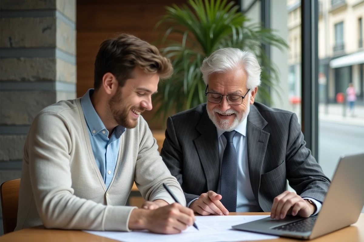 Jeune homme lisant des documents avec notaire dans reception