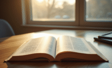 Livre de droit ouvert sur bureau ensoleille avec article 2224