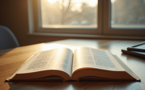 Livre de droit ouvert sur bureau ensoleille avec article 2224