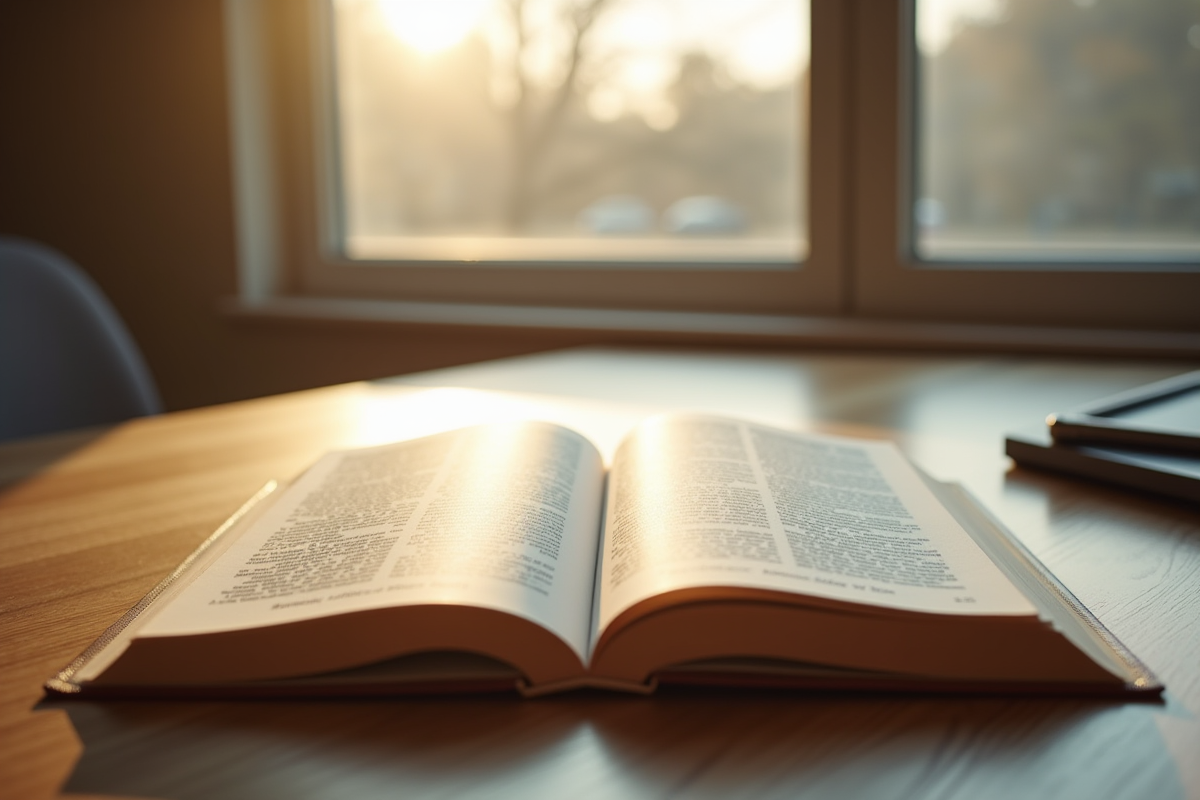 Livre de droit ouvert sur bureau ensoleille avec article 2224