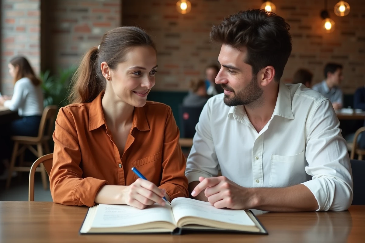Deux collègues discutant de la signification d'un terme paradigmatique autour d'un cahier de notes dans un café