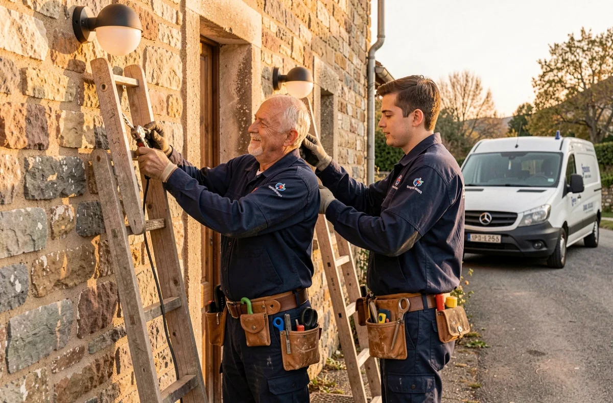 Père et fils de COMBABESSOU ET FILS posant des luminaires extérieurs sur une maison en pierre du Cantal