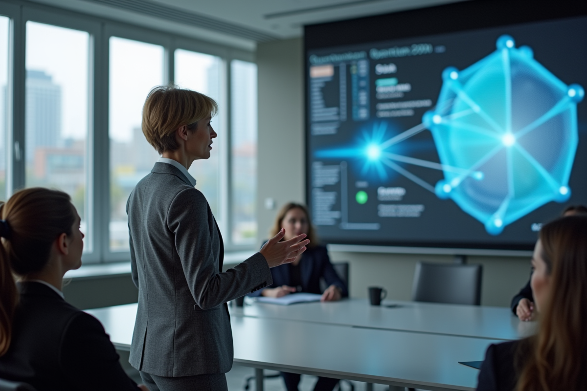 Femme conférencière présentant une visualisation quantique lors d