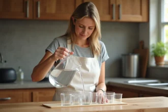 Femme versant de l'eau d'un pichet de 5 litres dans des tasses graduées en millilitres sur un plan de travail en bois