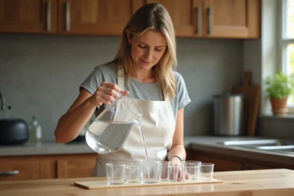 Femme versant de l'eau d'un pichet de 5 litres dans des tasses graduées en millilitres sur un plan de travail en bois