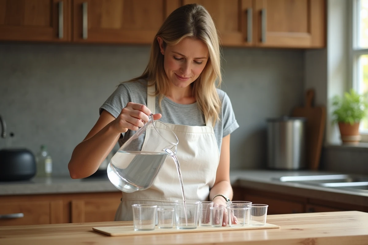 Femme versant de l'eau d'un pichet de 5 litres dans des tasses graduées en millilitres sur un plan de travail en bois
