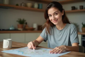 Femme consultant une carte routière pour convertir des miles en kilomètres lors d'un voyage