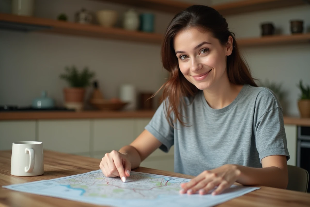 Femme consultant une carte routière pour convertir des miles en kilomètres lors d'un voyage