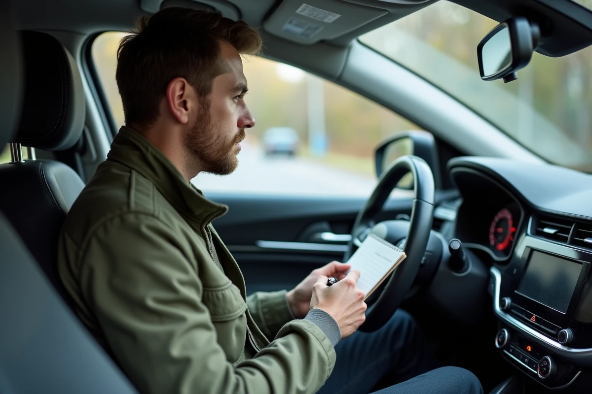 Jeune homme notant une conversion de miles en kilomètres en regardant le compteur kilométrique d'une voiture