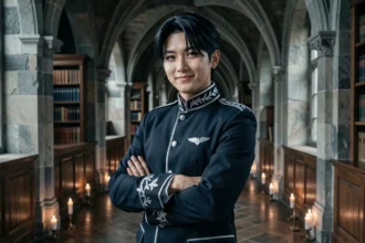 Cosplayeur en uniforme d'académie sombre avec des yeux de renard accentués, posant dans un couloir gothique aux reflets de bougie, illustration du manhwa The Fox Eyed Villain