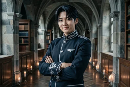 Cosplayeur en uniforme d'académie sombre avec des yeux de renard accentués, posant dans un couloir gothique aux reflets de bougie, illustration du manhwa The Fox Eyed Villain